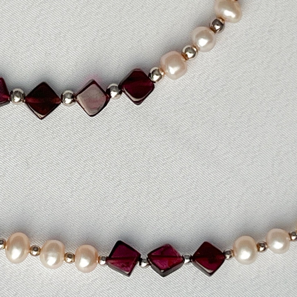 Garnet, pearl, sterling silver necklace and bracelet set